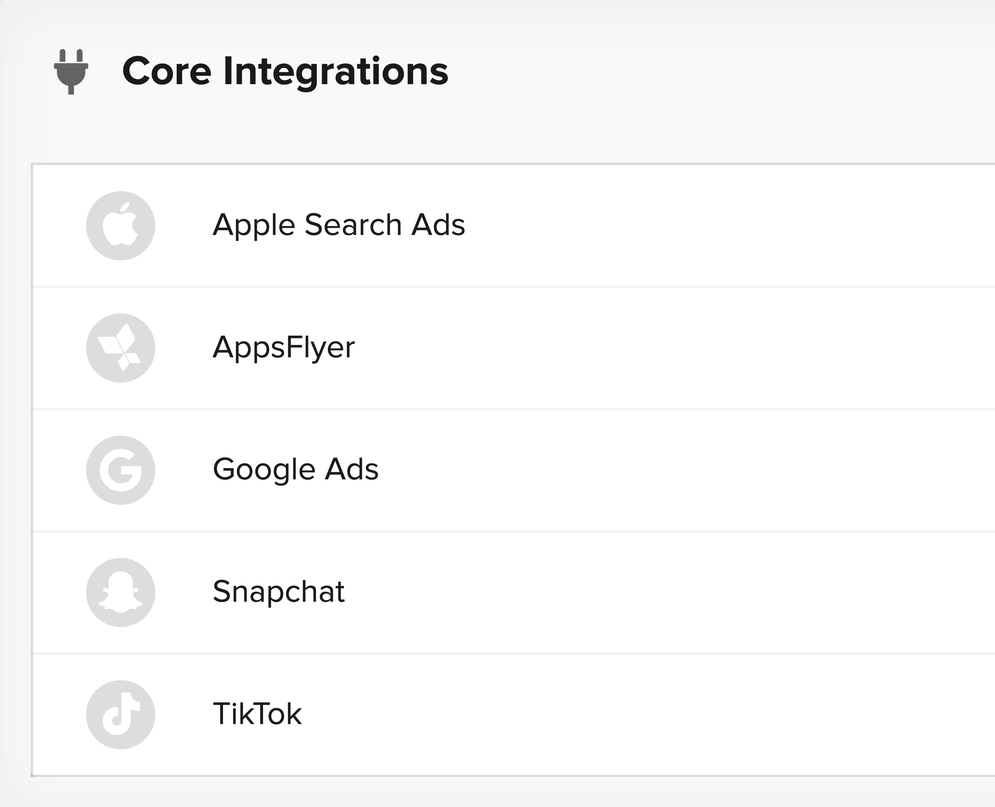 List of Xyla Integrations: Apple Search Ads, Facebook Ads, Google UAC, Snapchat Ads, Tik Tok, MMPs, and custom data sources.